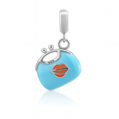 925 Sterling Silver Aqua Enamel Purse Charm with Peach Lips & Heart - Zirak Silver