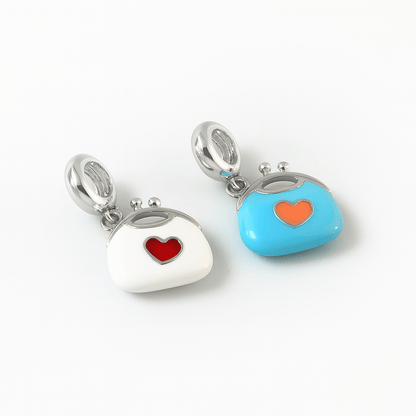 925 Sterling Silver Aqua Enamel Purse Charm with Peach Lips & Heart - Zirak Silver