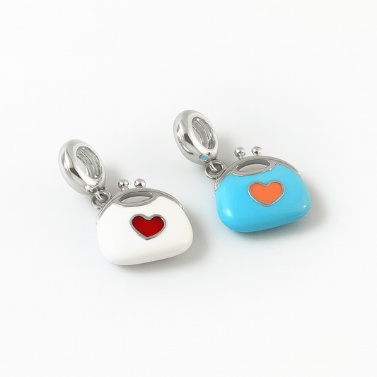 925 Sterling Silver Aqua Enamel Purse Charm with Peach Lips & Heart - Zirak Silver