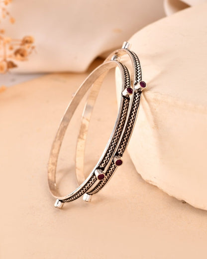 925 Sterling Silver Bangles with Purple Stone Accents – Oxidized Antique Finish - Zirak Silver