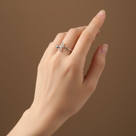 925 Sterling Silver Bar & Ball Adjustable Ring | Minimal Geometric Silver Jewelry | Unisex Open Band Ring - Zirak Silver