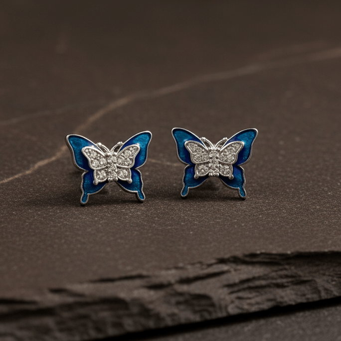 925 Sterling Silver Blue Enamel Butterfly Stud Earrings - Zirak Silver