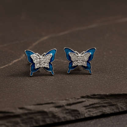 925 Sterling Silver Blue Enamel Butterfly Stud Earrings - Zirak Silver