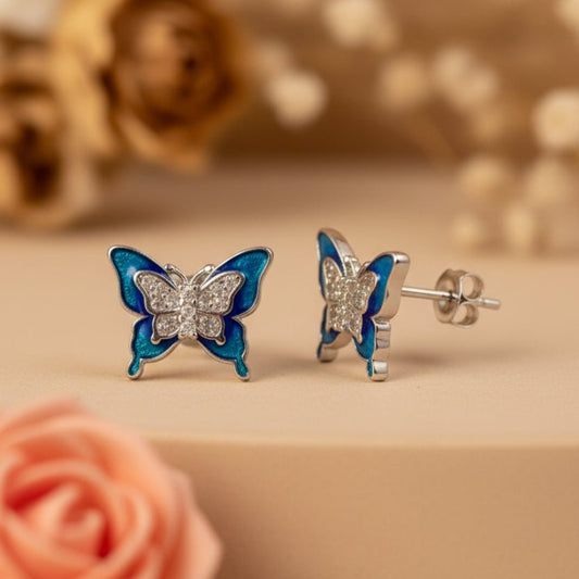 925 Sterling Silver Blue Enamel Butterfly Stud Earrings - Zirak Silver