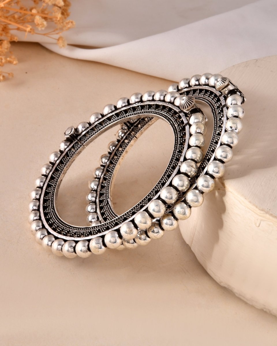 925 Sterling Silver Bold Beaded Edge Bangles – Oxidized Statement Bangle Pair - Zirak Silver