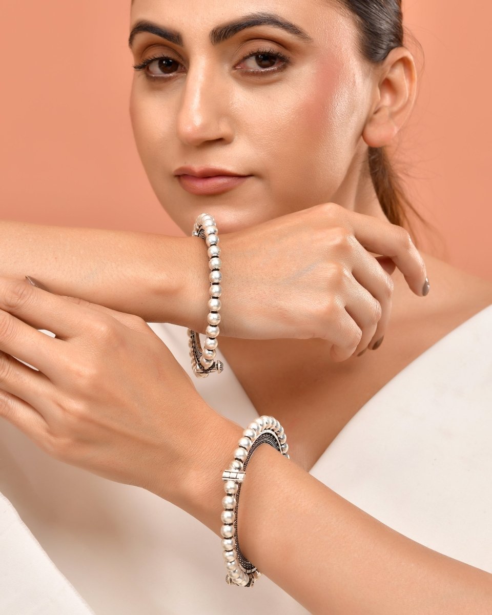 925 Sterling Silver Bold Beaded Edge Bangles – Oxidized Statement Bangle Pair - Zirak Silver