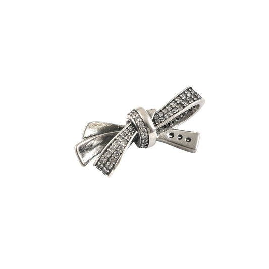 925 Sterling Silver Bow Knot Charm with CZ Stones – Elegant Ribbon Dangle Charm - Zirak Silver