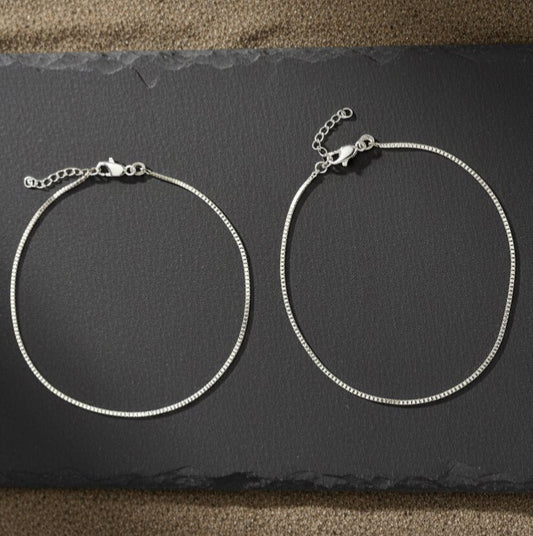 925 Sterling Silver Box Chain Anklet Pair (Adjustable) - Zirak Silver