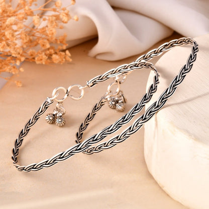 925 Sterling Silver Braided Anklet Pair – Oxidized Adjustable Payal - Zirak Silver