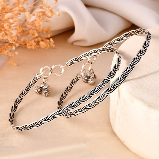 925 Sterling Silver Braided Anklet Pair – Oxidized Adjustable Payal - Zirak Silver