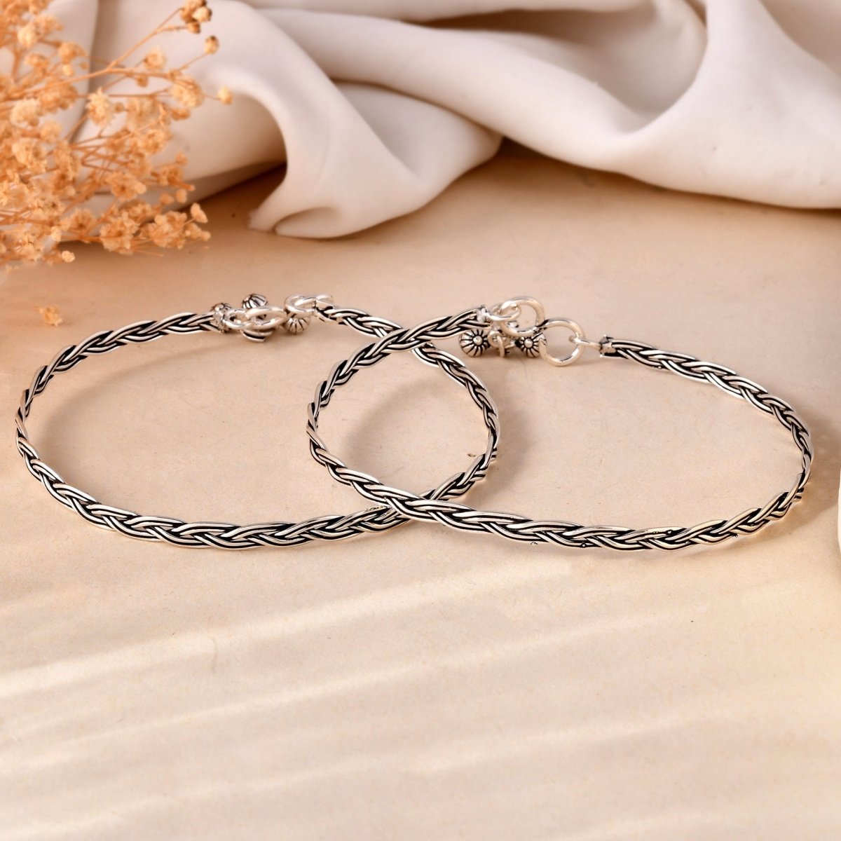 925 Sterling Silver Braided Anklet Pair – Oxidized Adjustable Payal - Zirak Silver