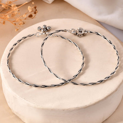 925 Sterling Silver Braided Anklet Pair with Charm Drops – Oxidized Payal - Zirak Silver