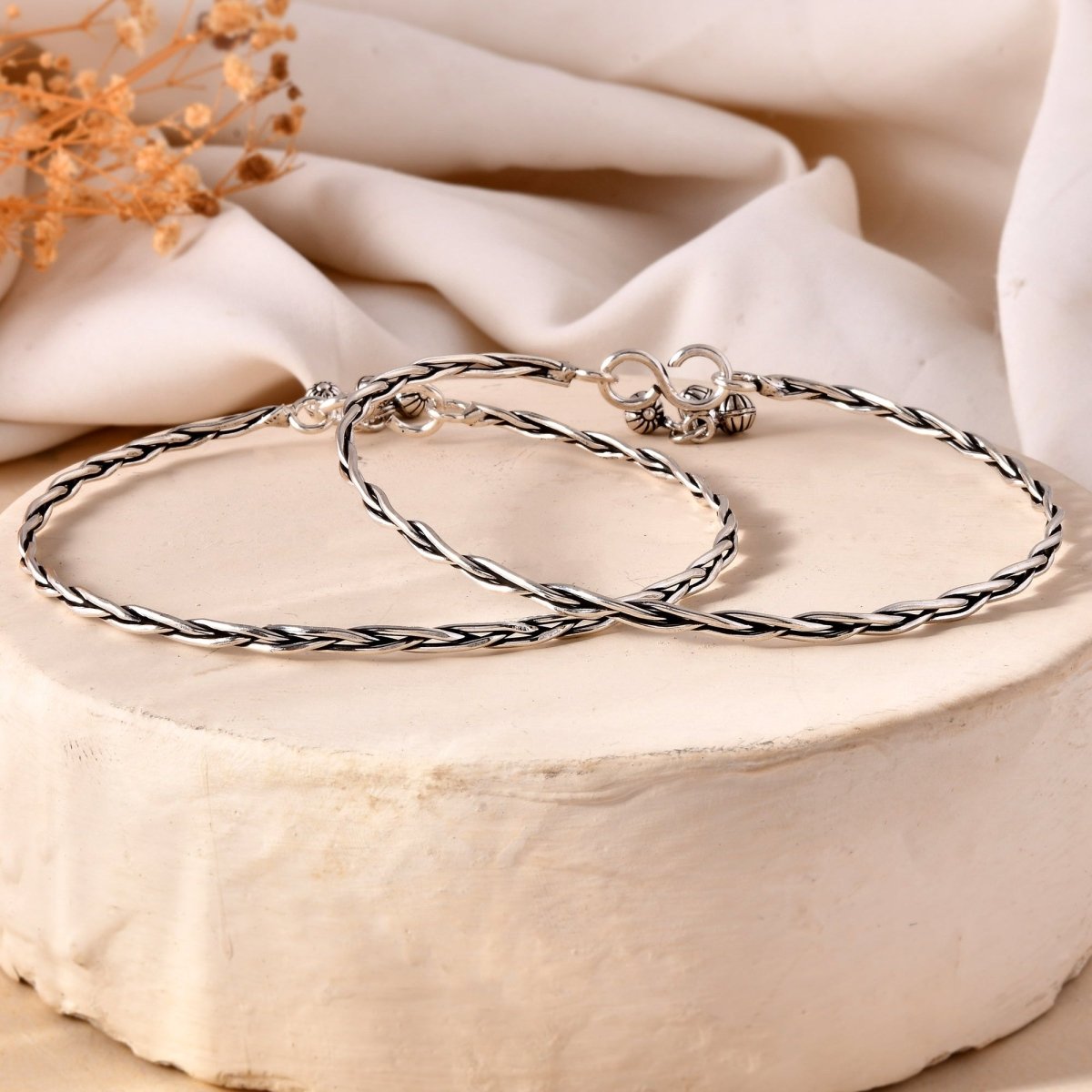 925 Sterling Silver Braided Anklet Pair with Charm Drops – Oxidized Payal - Zirak Silver