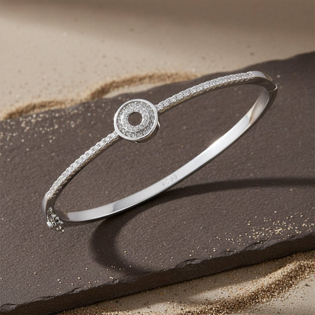 925 Sterling Silver Circle Halo Cuff Bracelet with Pave CZ - Zirak Silver