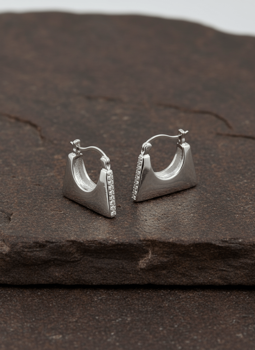925 Sterling Silver CZ Pave Triangle Hoop Earrings - Zirak Silver
