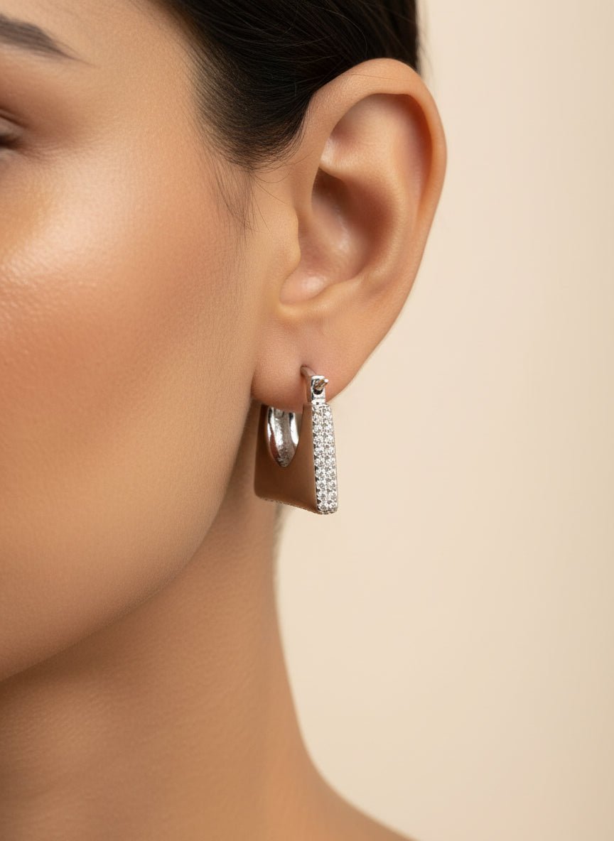 925 Sterling Silver CZ Pave Triangle Hoop Earrings - Zirak Silver