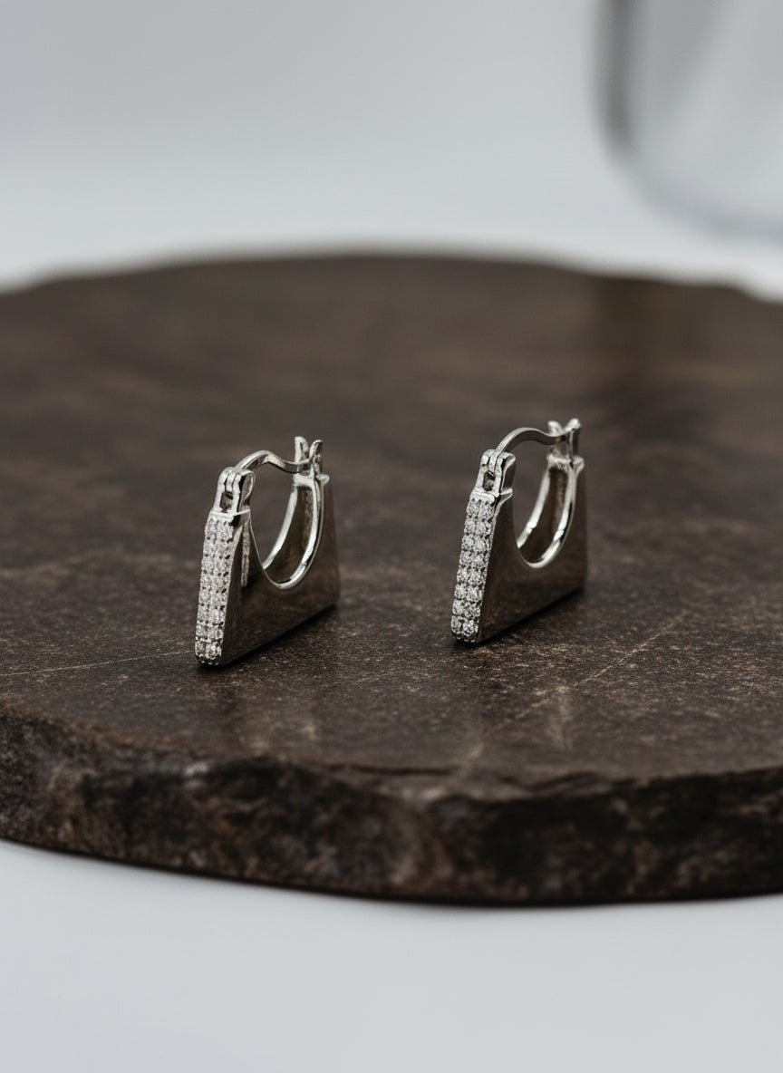 925 Sterling Silver CZ Pave Triangle Hoop Earrings - Zirak Silver