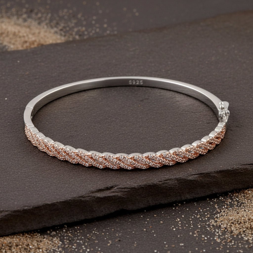 925 Sterling Silver CZ Twisted Bangle Bracelet with Rose Gold Accents - Zirak Silver
