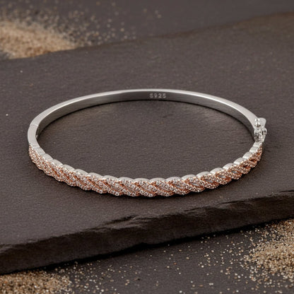 925 Sterling Silver CZ Twisted Bangle Bracelet with Rose Gold Accents - Zirak Silver
