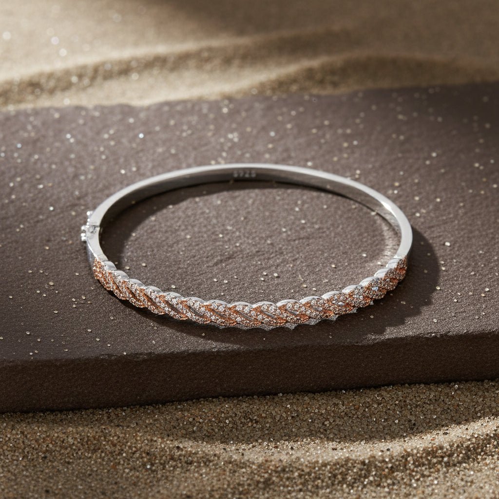 925 Sterling Silver CZ Twisted Bangle Bracelet with Rose Gold Accents - Zirak Silver