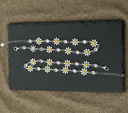 925 Sterling Silver Daisy Anklet Pair with Enamel Flowers | Adjustable Floral Chain Anklet Pair - Zirak Silver