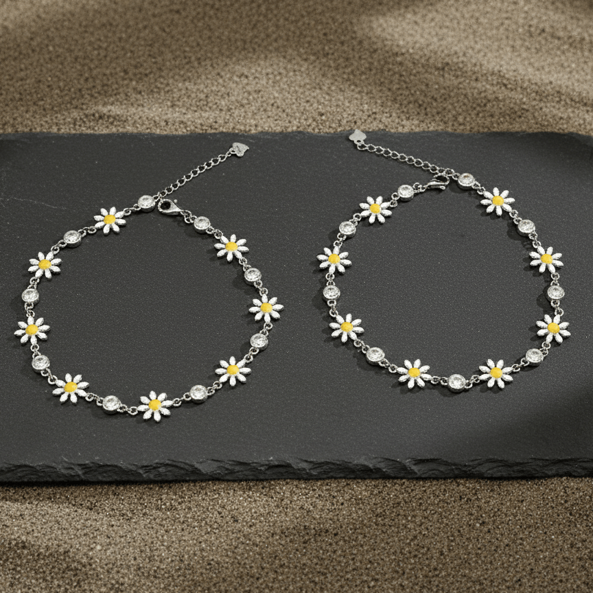 925 Sterling Silver Daisy Anklet Pair with Enamel Flowers | Adjustable Floral Chain Anklet Pair - Zirak Silver