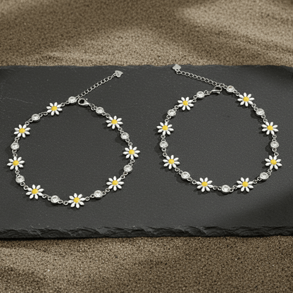 925 Sterling Silver Daisy Anklet Pair with Enamel Flowers | Adjustable Floral Chain Anklet Pair - Zirak Silver