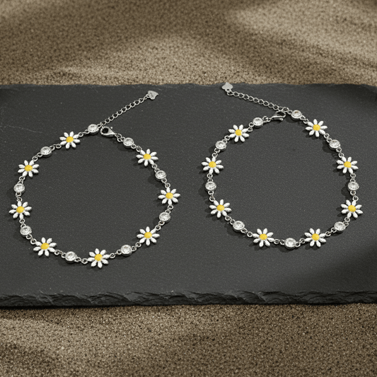 925 Sterling Silver Daisy Anklet Pair with Enamel Flowers | Adjustable Floral Chain Anklet Pair - Zirak Silver