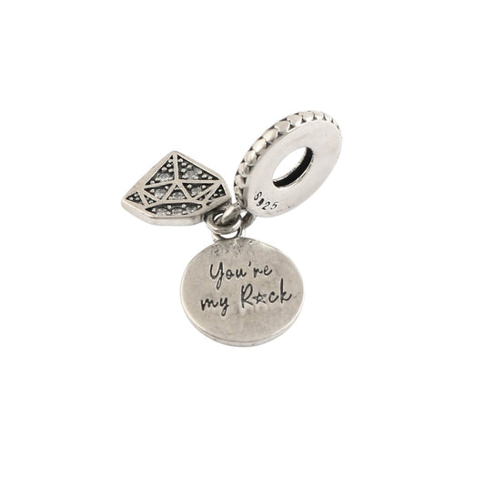 925 Sterling Silver Diamond & “You’re My Rock” Charm – Symbolic Love Bead for Charm Bracelets - Zirak Silver