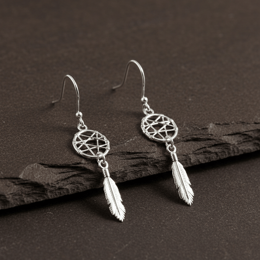 925 Sterling Silver Dreamcatcher Feather Dangle Earrings - Zirak Silver