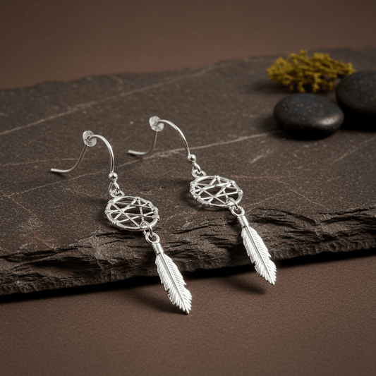 925 Sterling Silver Dreamcatcher Feather Dangle Earrings - Zirak Silver