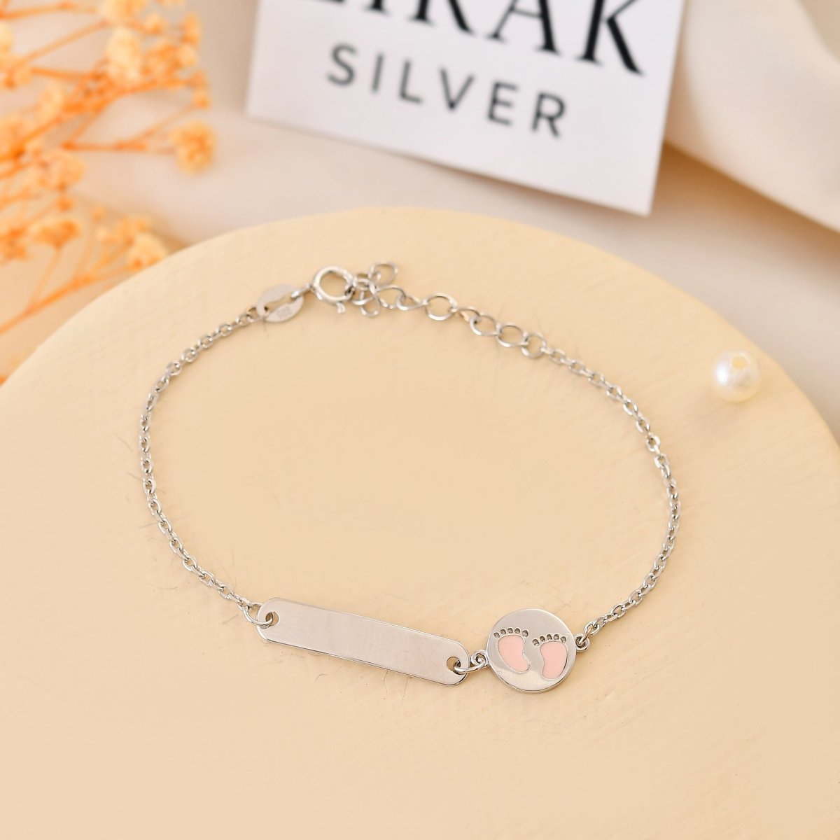 925 Sterling Silver Engravable ID Bracelet with Baby Footprint Charm – Adjustable Infant Keepsake - Zirak Silver