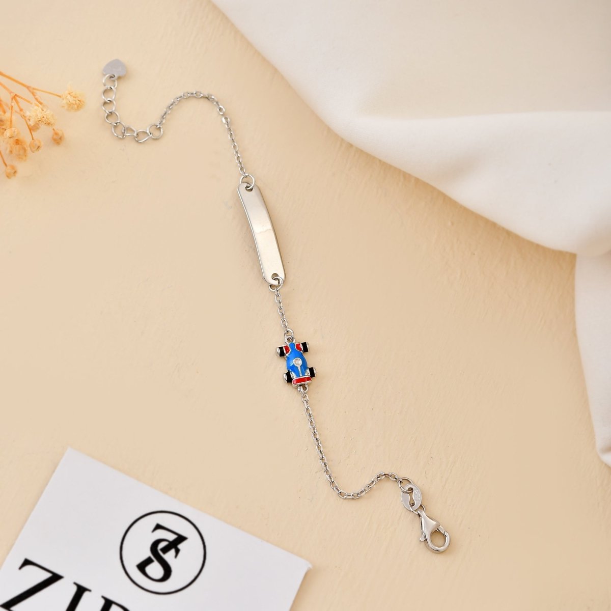 925 Sterling Silver Engravable ID Bracelet with Dangling Race - Car Charm – Adjustable Kids Chain - Zirak Silver