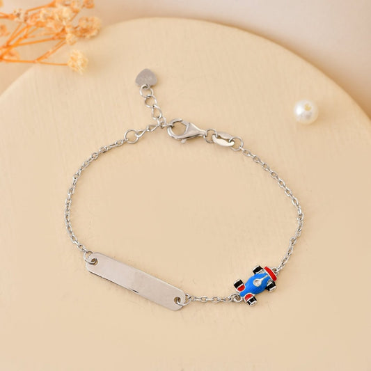 925 Sterling Silver Engravable ID Bracelet with Dangling Race - Car Charm – Adjustable Kids Chain - Zirak Silver