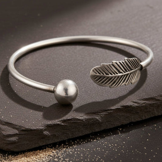 925 Sterling Silver Feather Open Cuff Bracelet – Minimal Oxidised Silver Kada - Zirak Silver