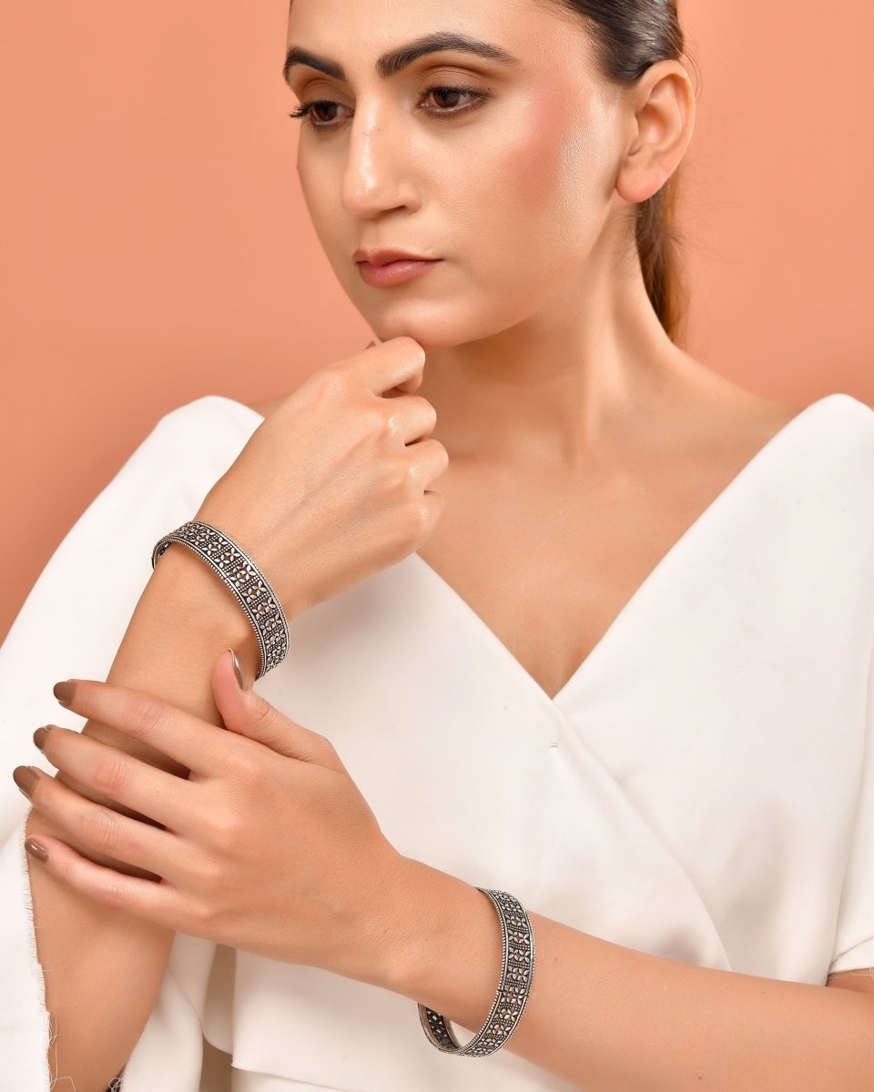 925 Sterling Silver Filigree Cutwork Bangles – Oxidized Statement Jewelry Pair - Zirak Silver