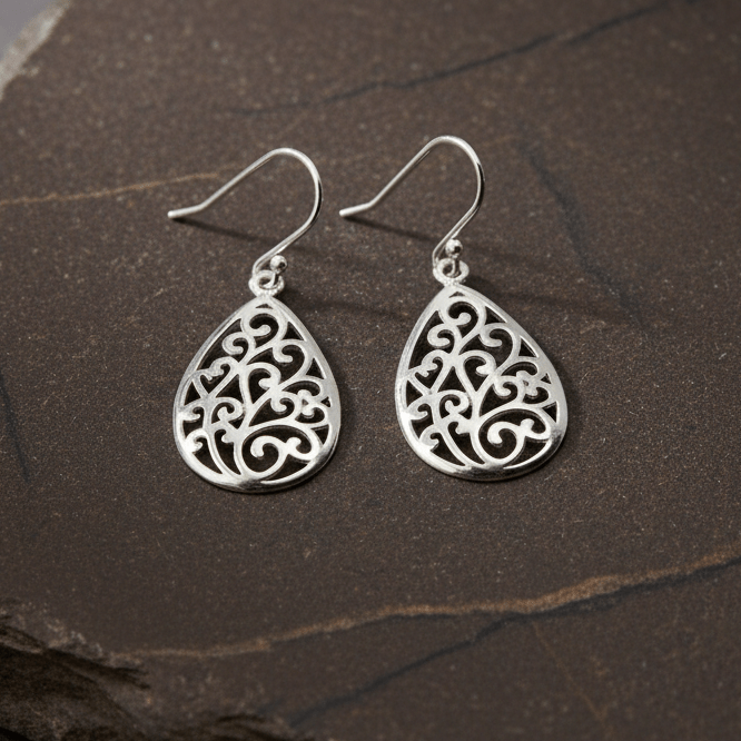 925 Sterling Silver Filigree Teardrop Dangle Earrings - Zirak Silver