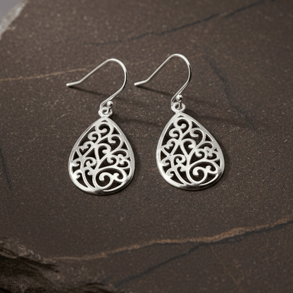 925 Sterling Silver Filigree Teardrop Dangle Earrings - Zirak Silver