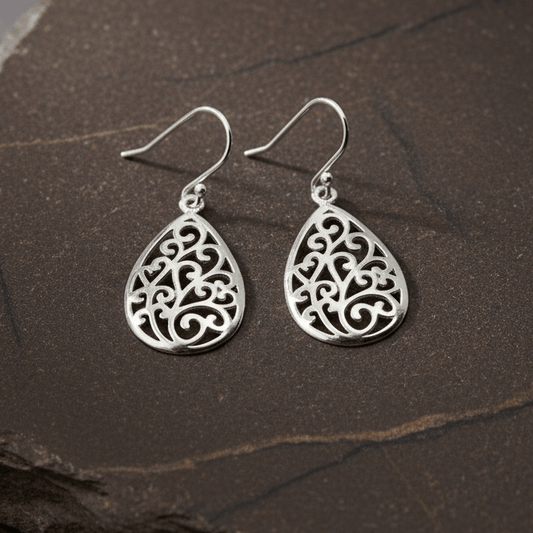 925 Sterling Silver Filigree Teardrop Dangle Earrings - Zirak Silver