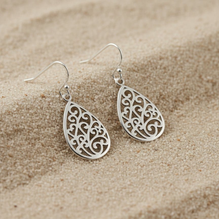 925 Sterling Silver Filigree Teardrop Dangle Earrings - Zirak Silver