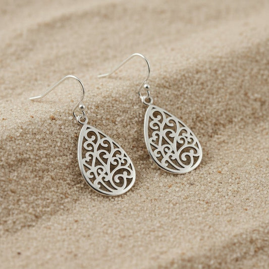 925 Sterling Silver Filigree Teardrop Dangle Earrings - Zirak Silver