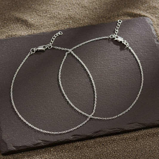 925 Sterling Silver Fine Cable Chain Anklet Pair (Adjustable) - Zirak Silver