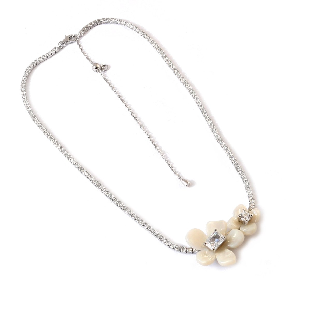 925 Sterling Silver Floral Necklace | Mother of Pearl Flower Pendant with CZ Accents | Elegant Silver Jewelry - Zirak Silver