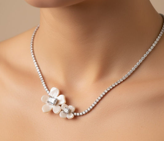 925 Sterling Silver Floral Necklace | Mother of Pearl Flower Pendant with CZ Accents | Elegant Silver Jewelry - Zirak Silver