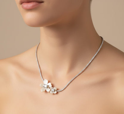 925 Sterling Silver Floral Necklace | Mother of Pearl Flower Pendant with CZ Accents | Elegant Silver Jewelry - Zirak Silver
