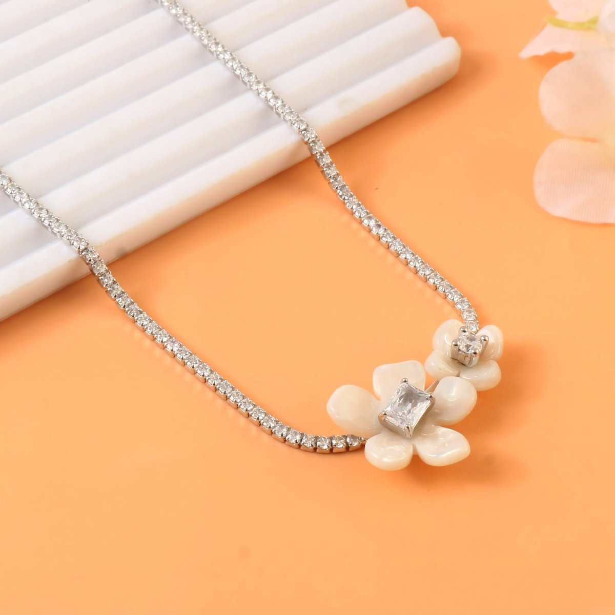 925 Sterling Silver Floral Necklace | Mother of Pearl Flower Pendant with CZ Accents | Elegant Silver Jewelry - Zirak Silver
