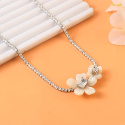 925 Sterling Silver Floral Necklace | Mother of Pearl Flower Pendant with CZ Accents | Elegant Silver Jewelry - Zirak Silver