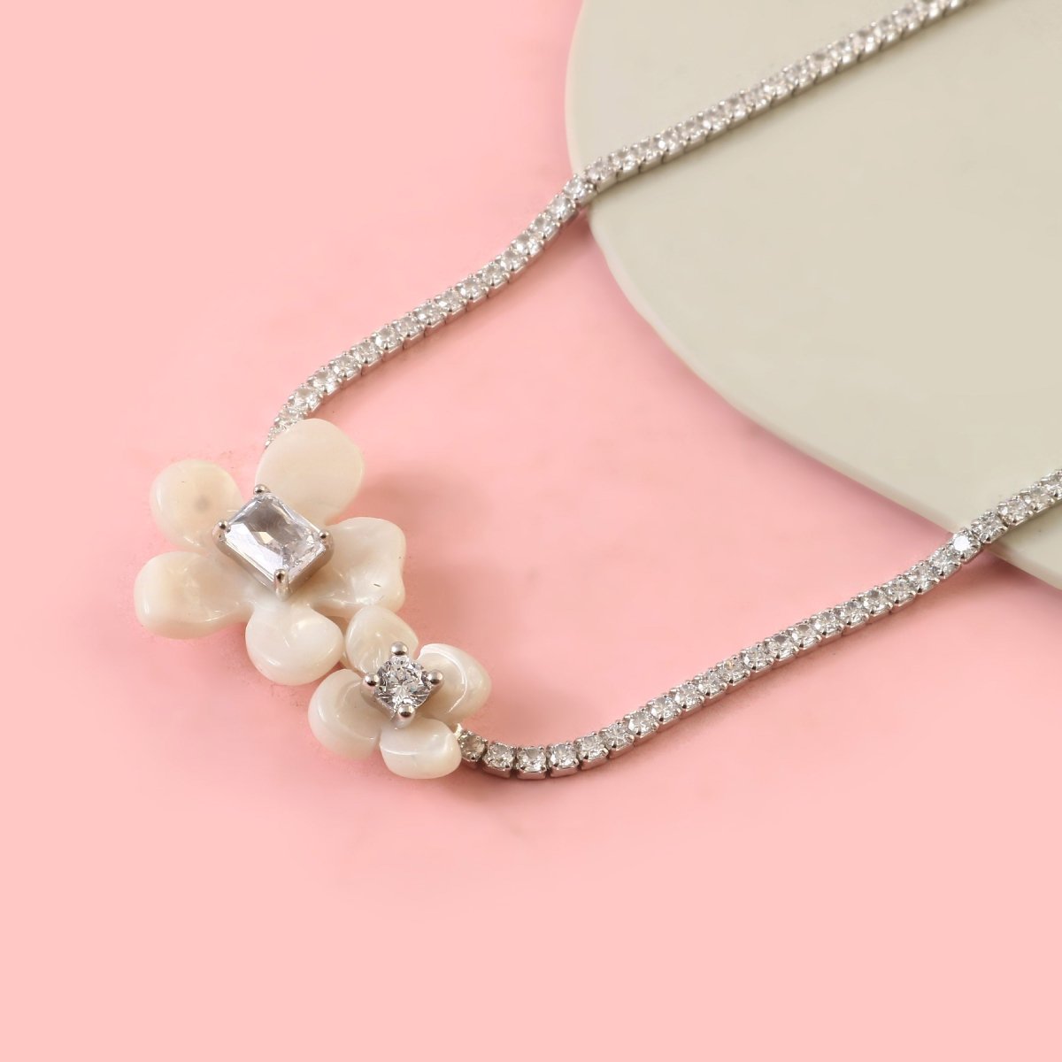 925 Sterling Silver Floral Necklace | Mother of Pearl Flower Pendant with CZ Accents | Elegant Silver Jewelry - Zirak Silver