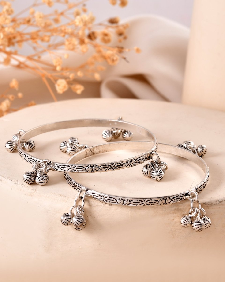 925 Sterling Silver Floral Pattern Anklets with Dangling Ghungroo Charms - Zirak Silver