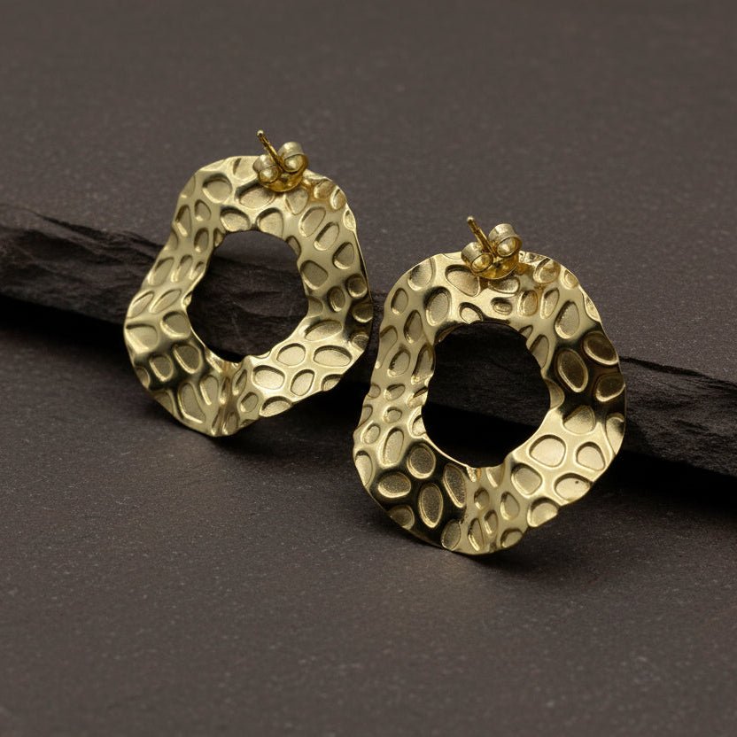 925 Sterling Silver Gold - Plated Textured Open Circle Earrings - Zirak Silver